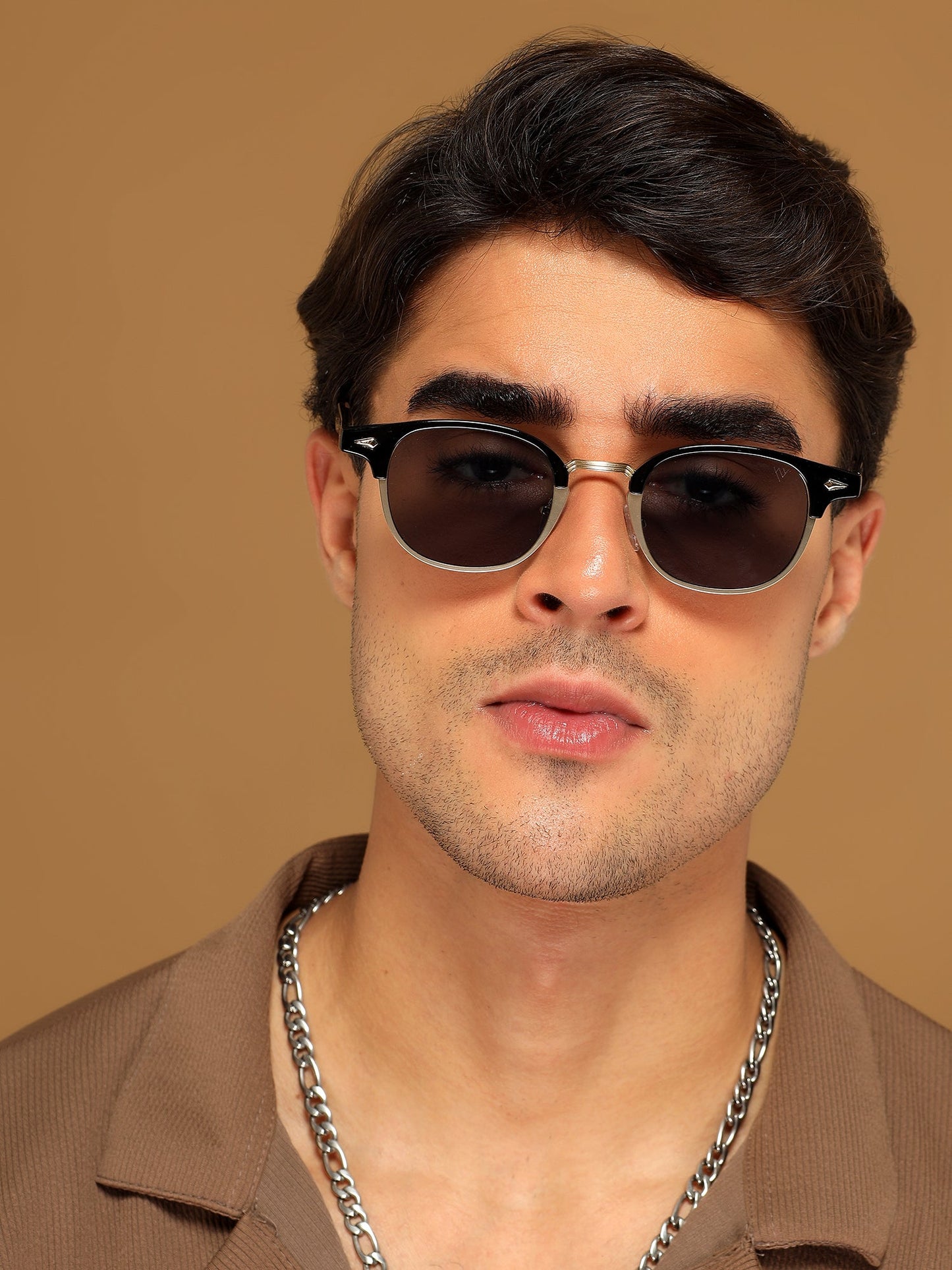 Skyline | Golden Half Rim Clubmaster Sunglasses | Grey Lens - MG7101