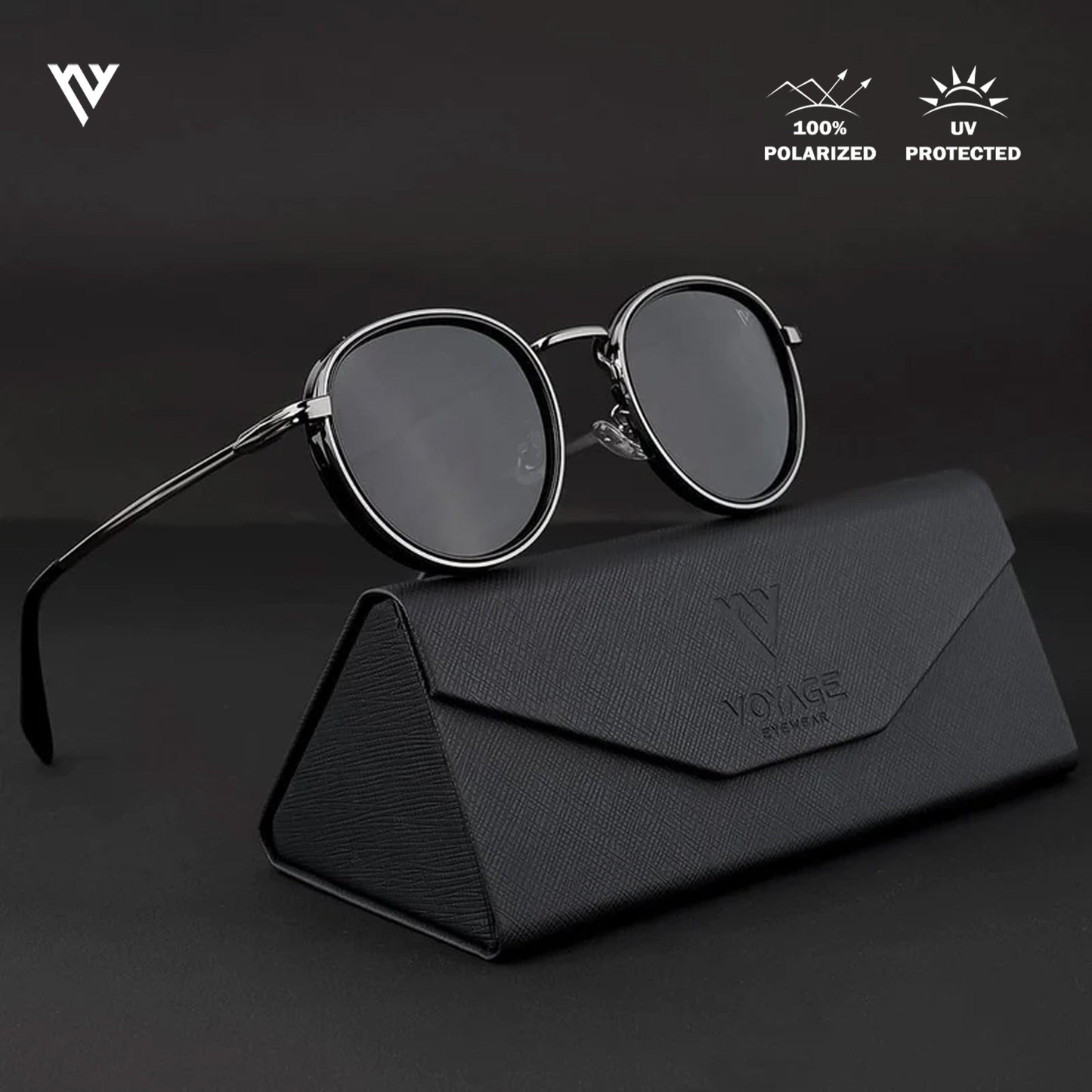 Captain | Black and Silver Polarized Round Sunglasses - PMG3982