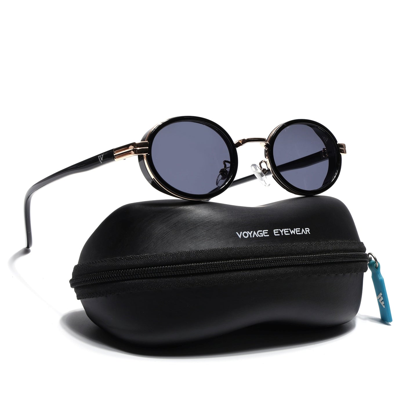 Ovel Sunglasses for Men & Women (Grey Lens | Golden & Black Frame - MG7349)