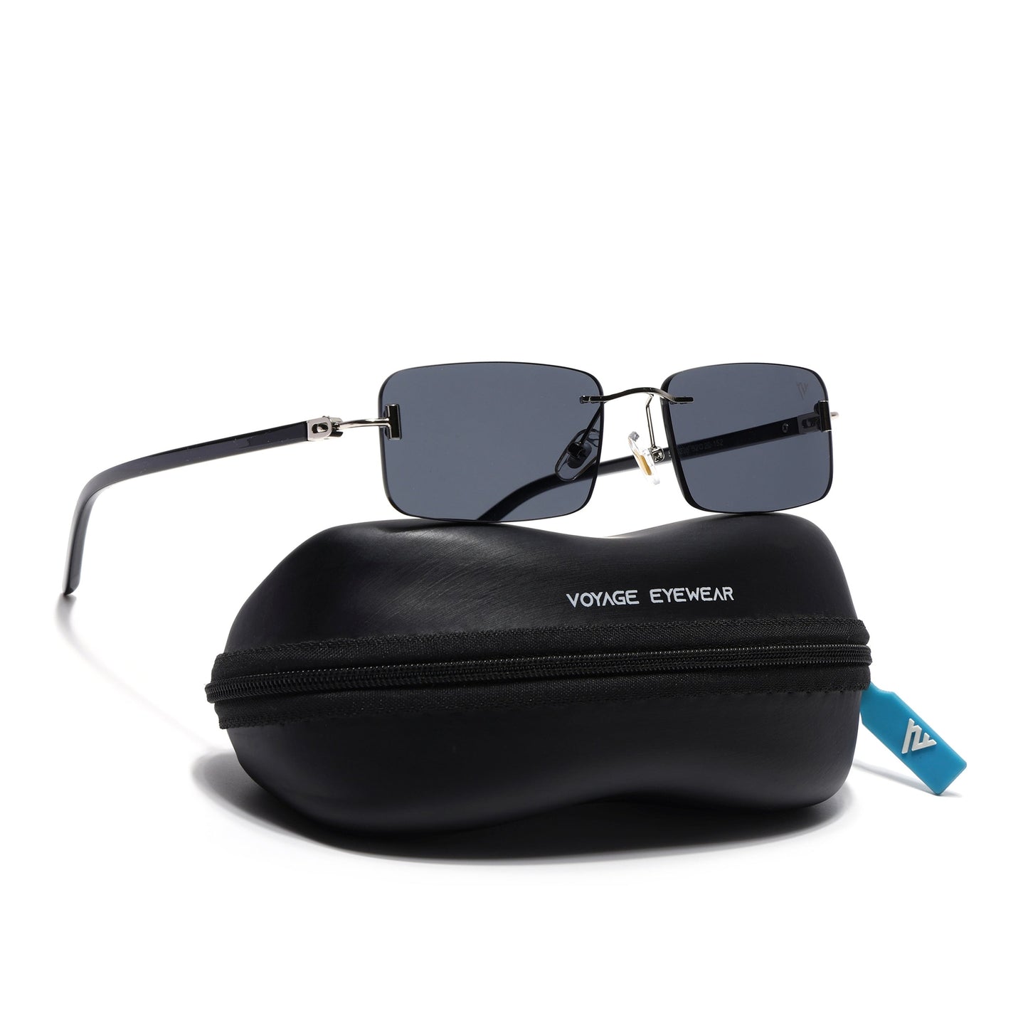 Rimless Sunglasses for Men & Women (Black Lens | Silver Frame - MG7379)