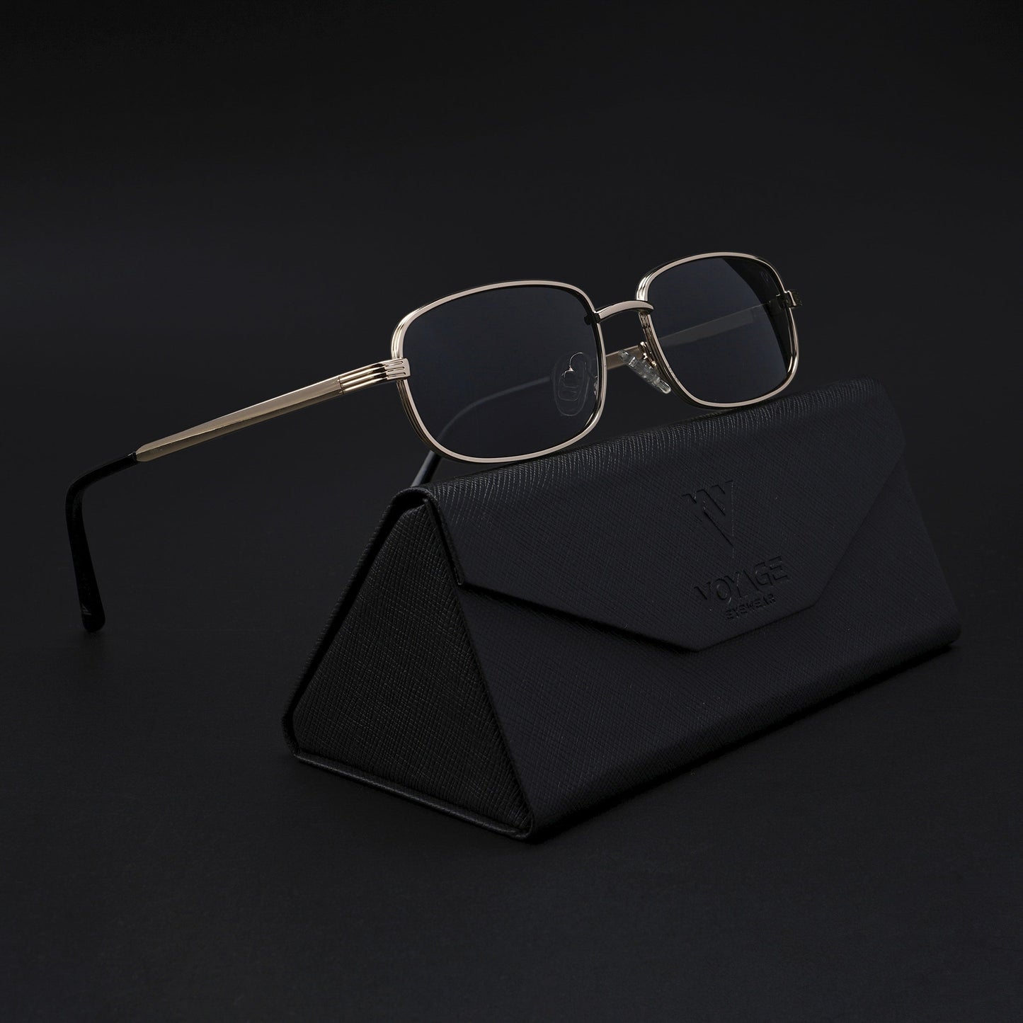 Vesper |  Golden Polarized Rectangle Sunglasses (Black Lens - PMG5846)