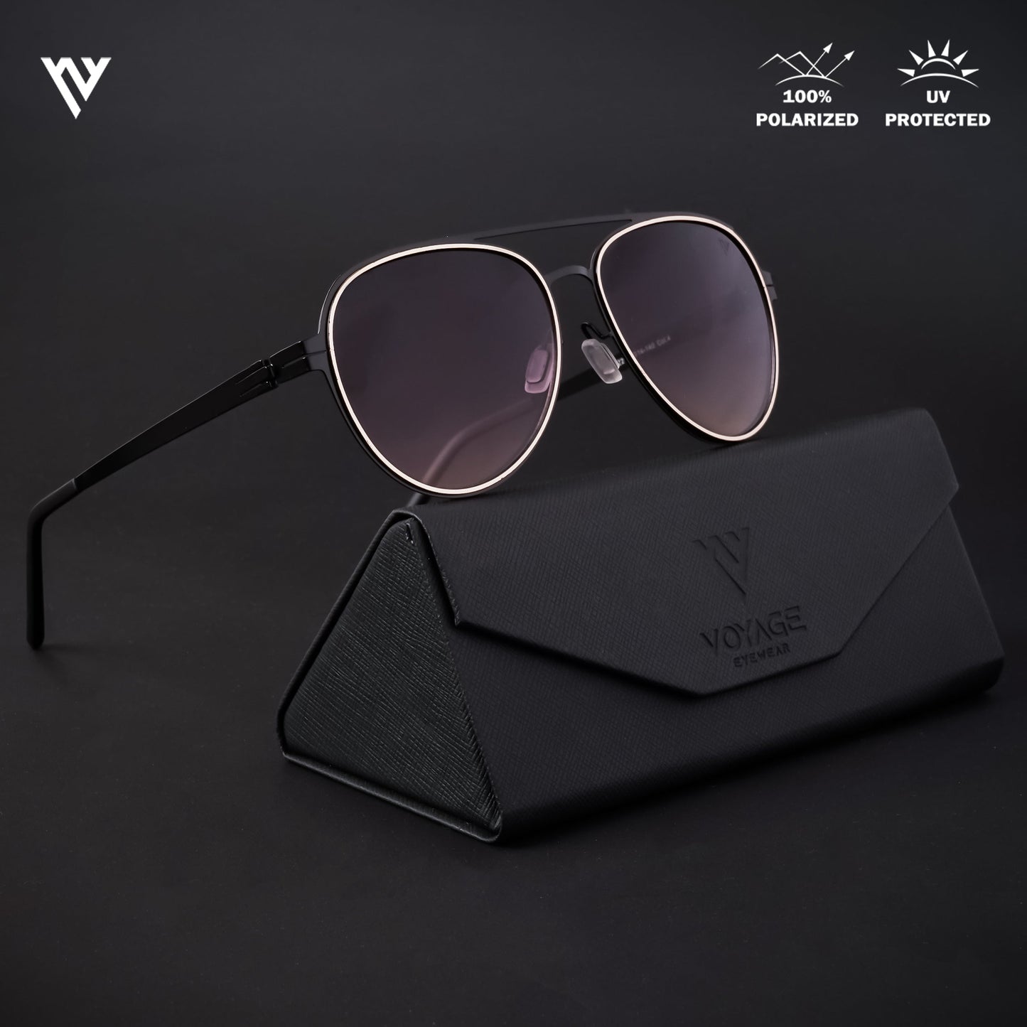 Black & Golden Polarized Aviator Sunglasses - PMG4289