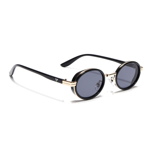 Ovel Sunglasses for Men & Women (Grey Lens | Golden & Black Frame - MG7349)