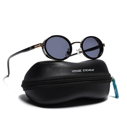 Ovel Sunglasses for Men & Women (Grey Lens | Golden & Black Frame - MG7349)