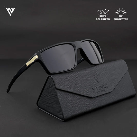 Jaxor | Matte Black & Golden Polarized Rectangle Sunglasses - PMG3969