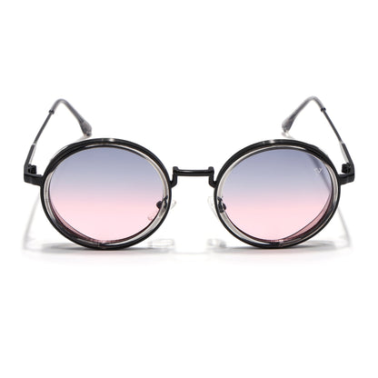 Round Sunglasses for Men & Women (Grey & Pink Lens | Black & Transparent Frame - MG7117)