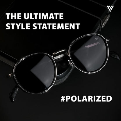 Captain |  Black and Silver Polarized Round Sunglasses - PMG3982