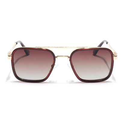 Square Polarized Sunglasses for Men & Women (Brown & Clear Lens | Golden & Brown Frame - VOYLB03-C3)