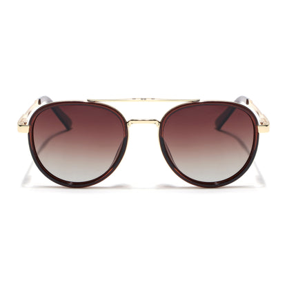 Round Polarized Sunglasses for Men & Women (Brown & Clear Lens | Golden & Brown Frame - VOYLB04-C3)