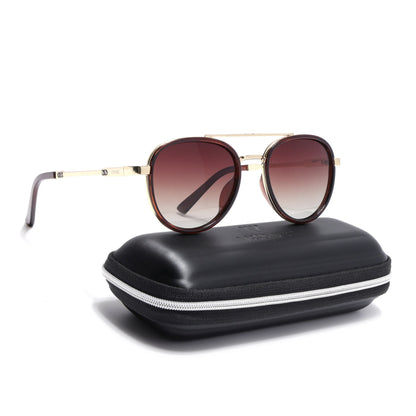 Round Polarized Sunglasses for Men & Women (Brown & Clear Lens | Golden & Brown Frame - VOYLB04-C3)