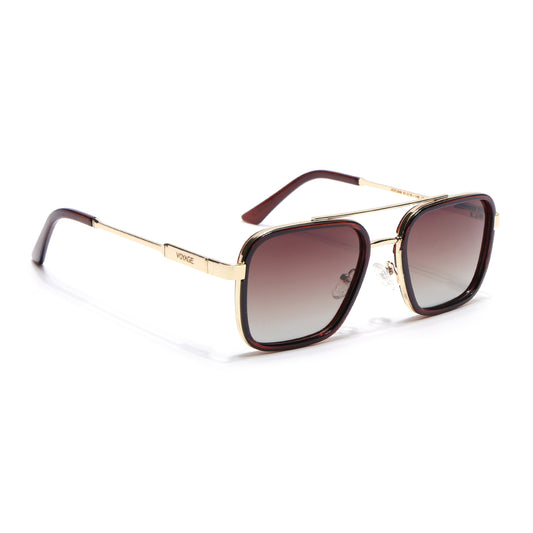 Square Polarized Sunglasses for Men & Women (Brown & Clear Lens | Golden & Brown Frame - VOYLB09-C3)