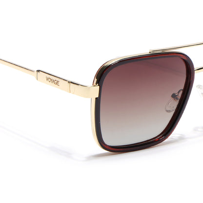 Square Polarized Sunglasses for Men & Women (Brown & Clear Lens | Golden & Brown Frame - VOYLB09-C3)
